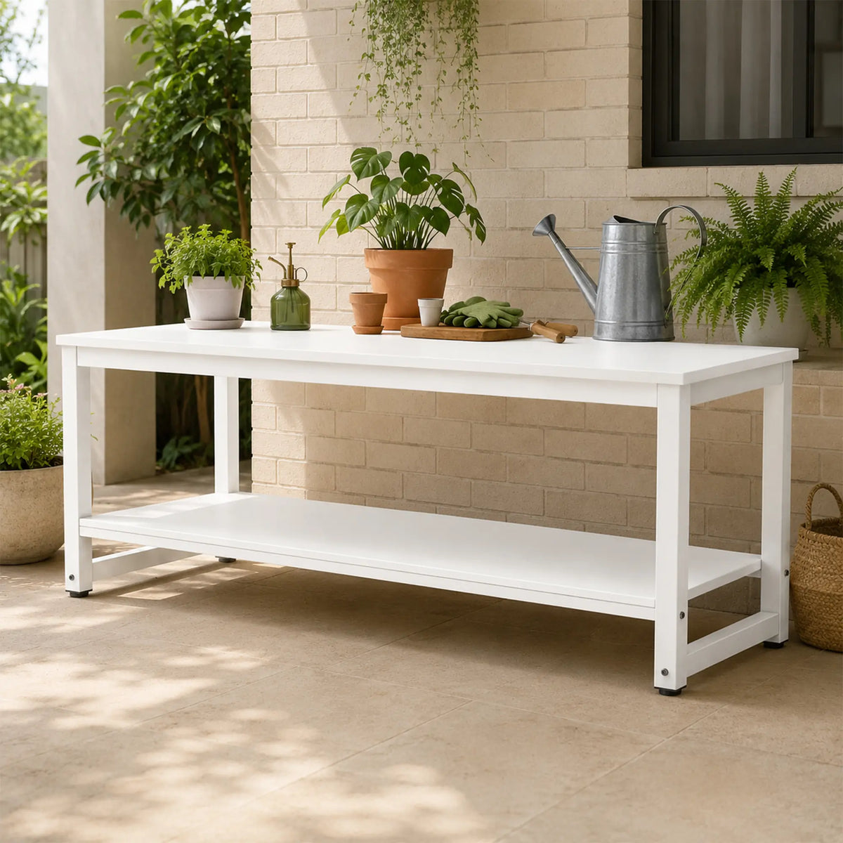 GROVIA Heavy Duty Workbench with Double Layer Storage Shelves Steel Frame Large Work Table for Garage Workshop Warehouse Packing Station 60/80cm - White