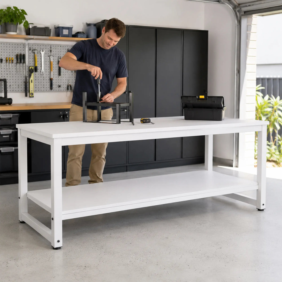 GROVIA Heavy Duty Workbench with Double Layer Storage Shelves Steel Frame Large Work Table for Garage Workshop Warehouse Packing Station 60/80cm - White
