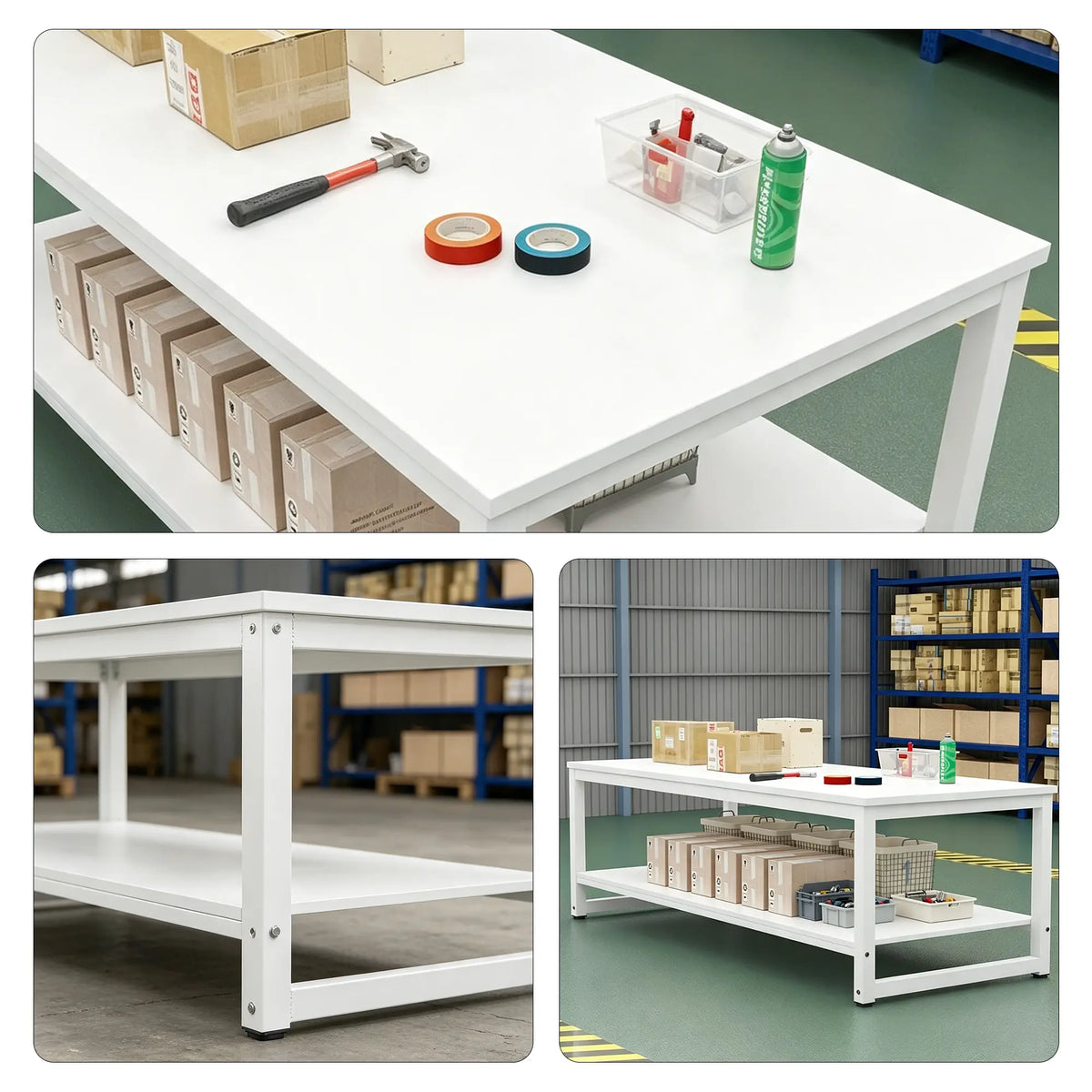 GROVIA Heavy Duty Workbench with Double Layer Storage Shelves Steel Frame Large Work Table for Garage Workshop Warehouse Packing Station 60/80cm - White