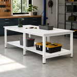 GROVIA Heavy Duty Workbench with Six Leg Steel Frame Double Layer Storage Shelves Large Work Table for Garage Workshop Warehouse Packing Station 100/120cm - White