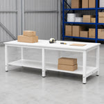 GROVIA Heavy Duty Workbench with Six Leg Steel Frame Double Layer Storage Shelves Large Work Table for Garage Workshop Warehouse Packing Station 100/120cm - White