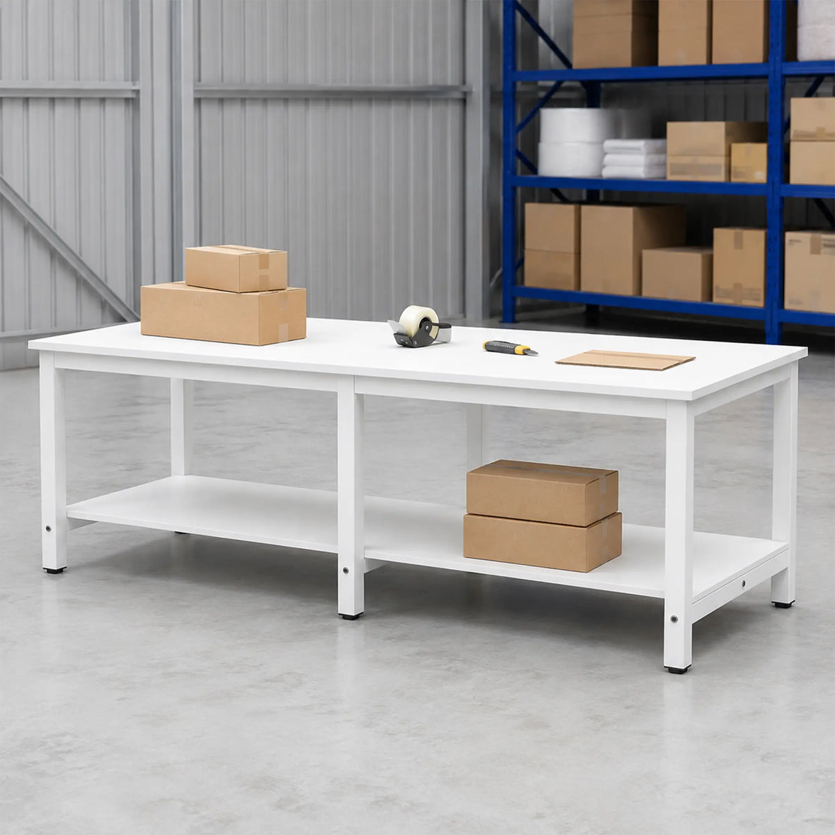 GROVIA Heavy Duty Workbench with Six Leg Steel Frame Double Layer Storage Shelves Large Work Table for Garage Workshop Warehouse Packing Station 100/120cm - White
