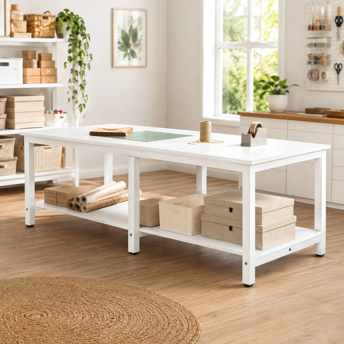 GROVIA Heavy Duty Workbench with Six Leg Steel Frame Double Layer Storage Shelves Large Work Table for Garage Workshop Warehouse Packing Station 100/120cm - White
