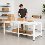 GROVIA Heavy Duty Workbench with Six Leg Steel Frame Double Layer Storage Shelves Large Work Table for Garage Workshop Warehouse Packing Station 100/120cm - White
