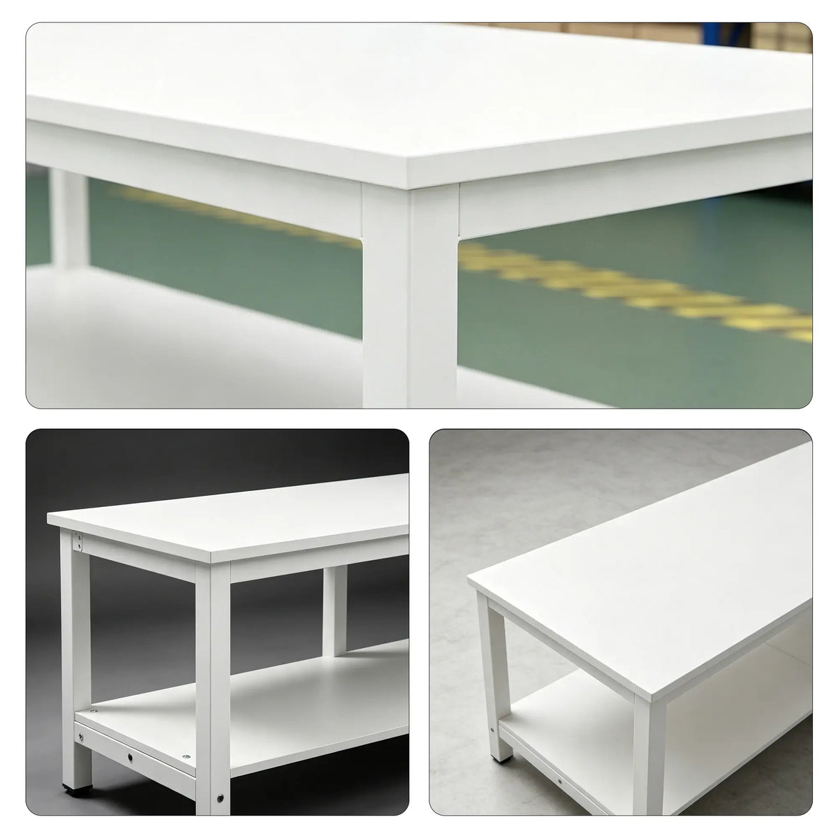 GROVIA Heavy Duty Workbench with Six Leg Steel Frame Double Layer Storage Shelves Large Work Table for Garage Workshop Warehouse Packing Station 100/120cm - White