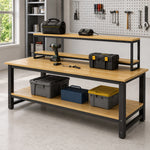 GROVIA Heavy Duty Workbench with Mobile Storage Rack Double Layer Steel Frame Wooden Top Table for Garage Workshop Warehouse Packing Station 60/80cm - Black