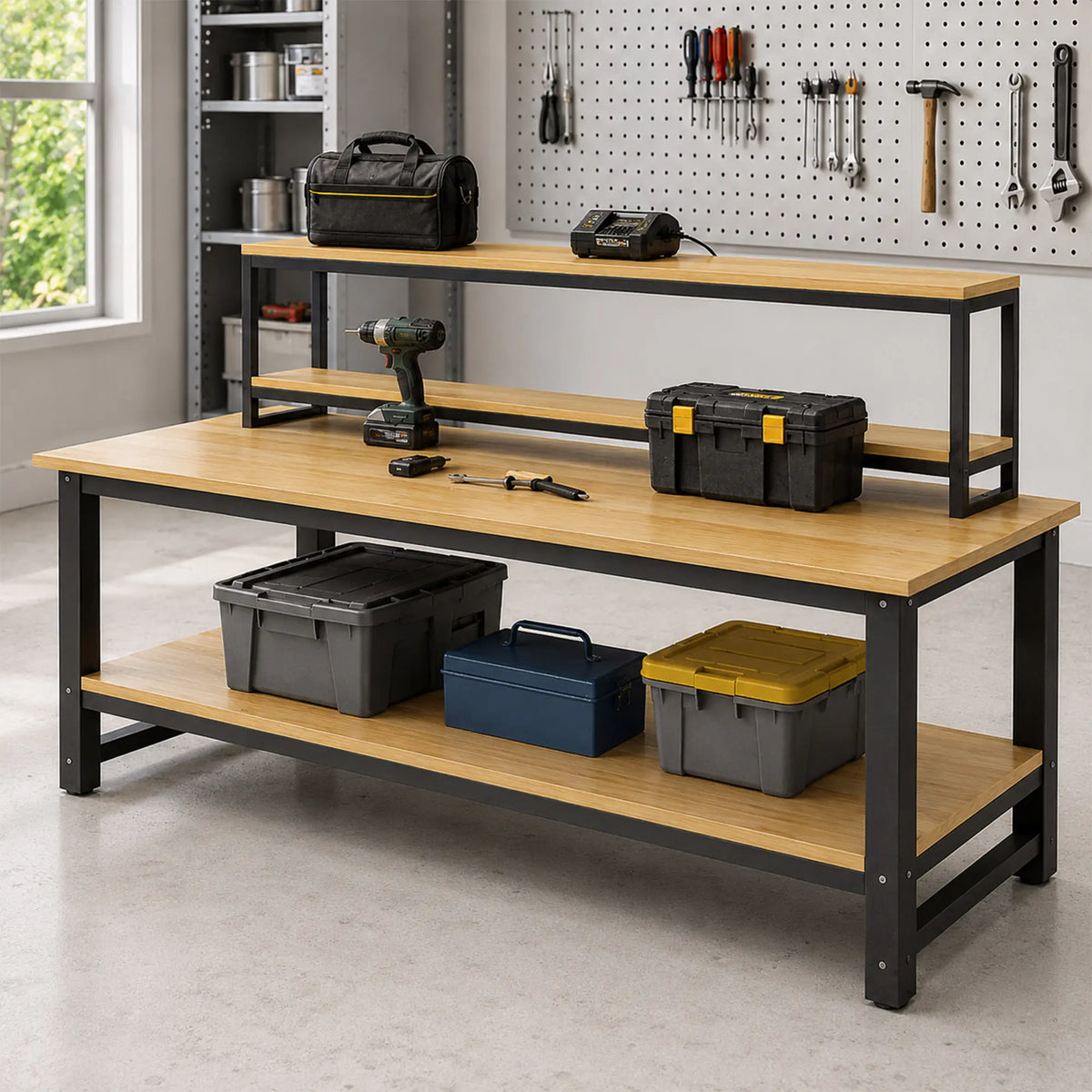 GROVIA Heavy Duty Workbench with Mobile Storage Rack Double Layer Steel Frame Wooden Top Table for Garage Workshop Warehouse Packing Station 60/80cm - Black