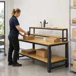 GROVIA Heavy Duty Workbench with Mobile Storage Rack Double Layer Steel Frame Wooden Top Table for Garage Workshop Warehouse Packing Station 60/80cm - Black
