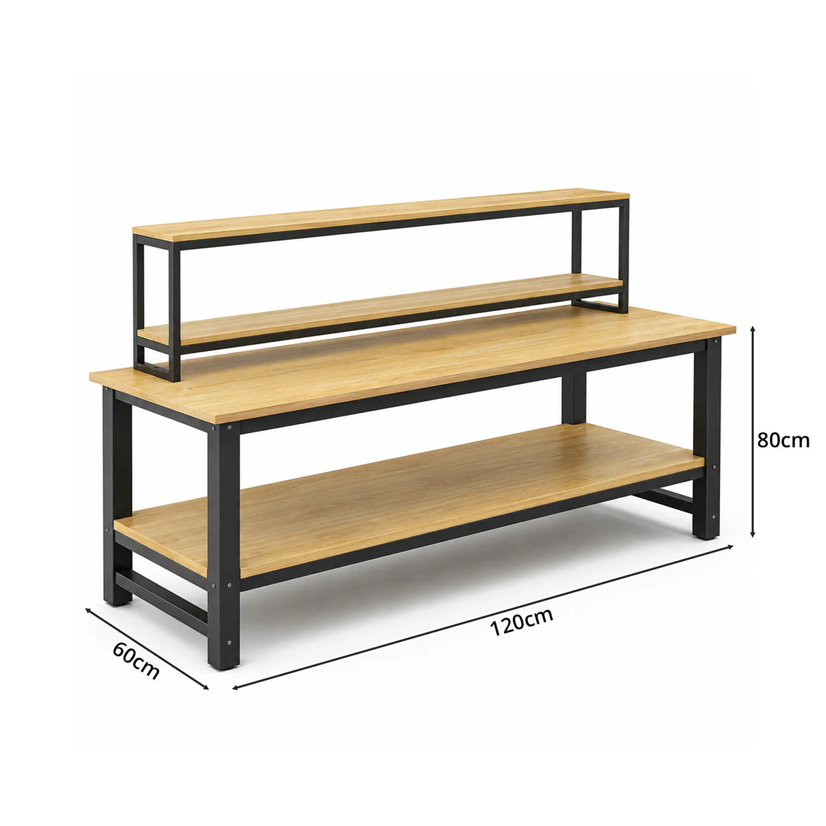 GROVIA Heavy Duty Workbench with Mobile Storage Rack Double Layer Steel Frame Wooden Top Table for Garage Workshop Warehouse Packing Station 60/80cm - Black