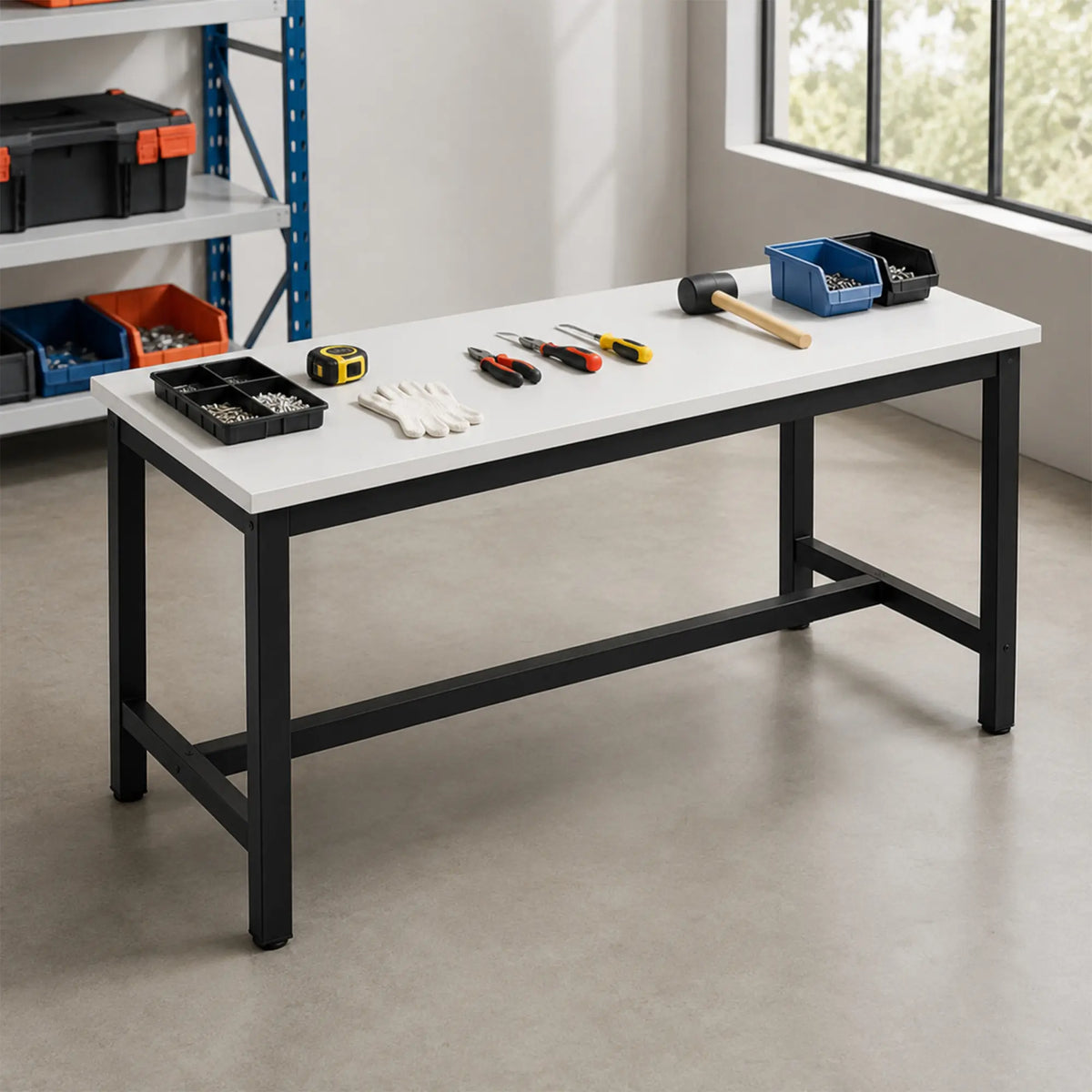 GROVIA Heavy Duty Stainless Steel Workbench - Single Layer 4 Leg Frame Smooth Metal Top Table for Garage Workshop Warehouse Packing Station 60/80cm - Black