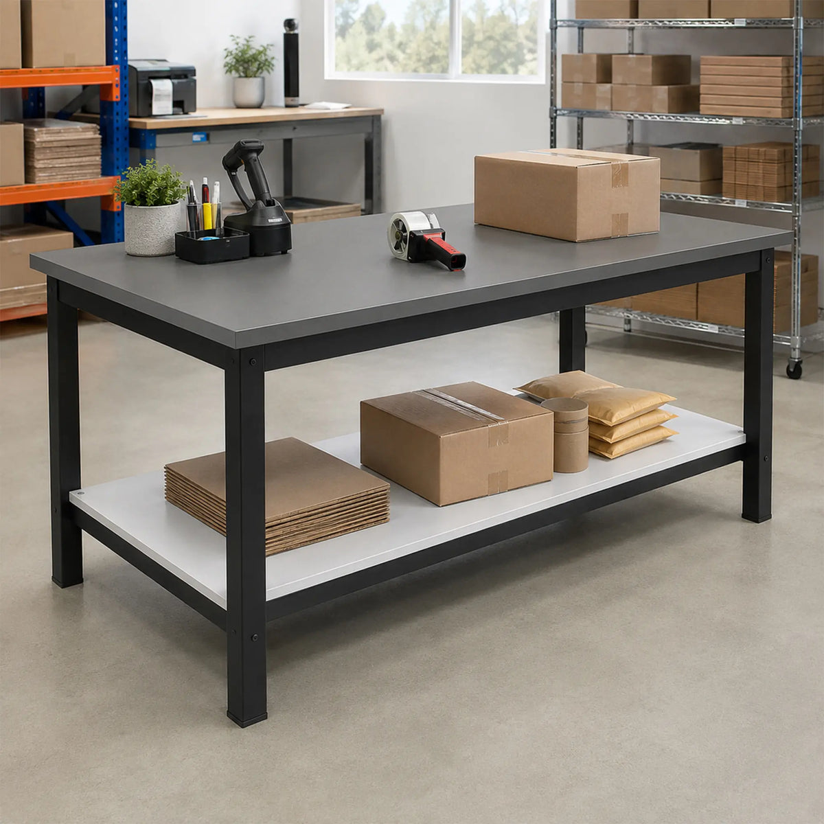 GROVIA Heavy Duty Stainless Steel Workbench - Double Layer 4 Leg Steel Frame Table with Storage Shelf for Garage Workshop Warehouse Packing Station 60/80cm - Black