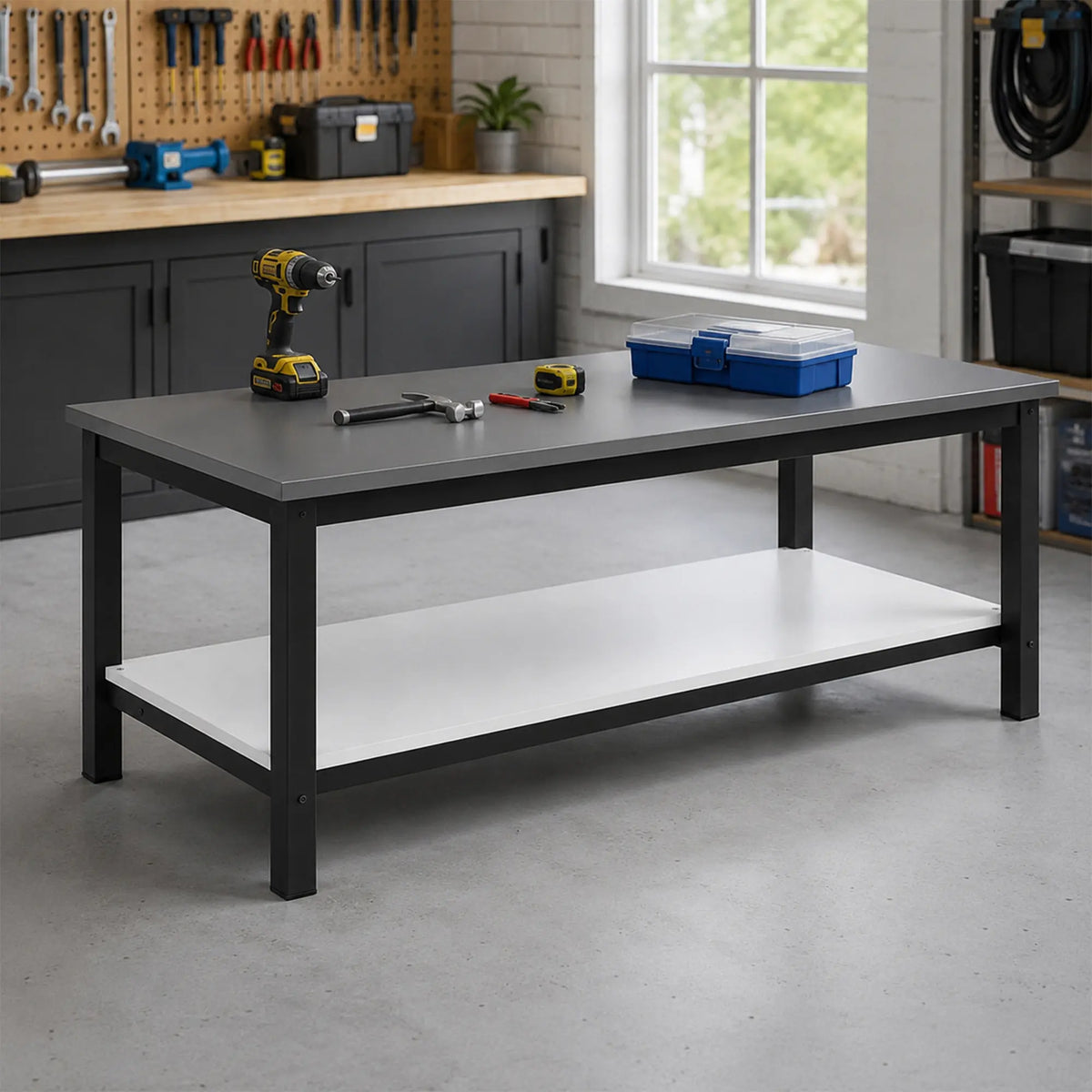 GROVIA Heavy Duty Stainless Steel Workbench - Double Layer 4 Leg Steel Frame Table with Storage Shelf for Garage Workshop Warehouse Packing Station 60/80cm - Black