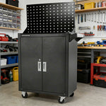 GROVIA Heavy Duty Tool Cabinet Pegboard Back Panel Lockable Mobile Storage 630x400x1310mm Workshop Garage Trolley - Black