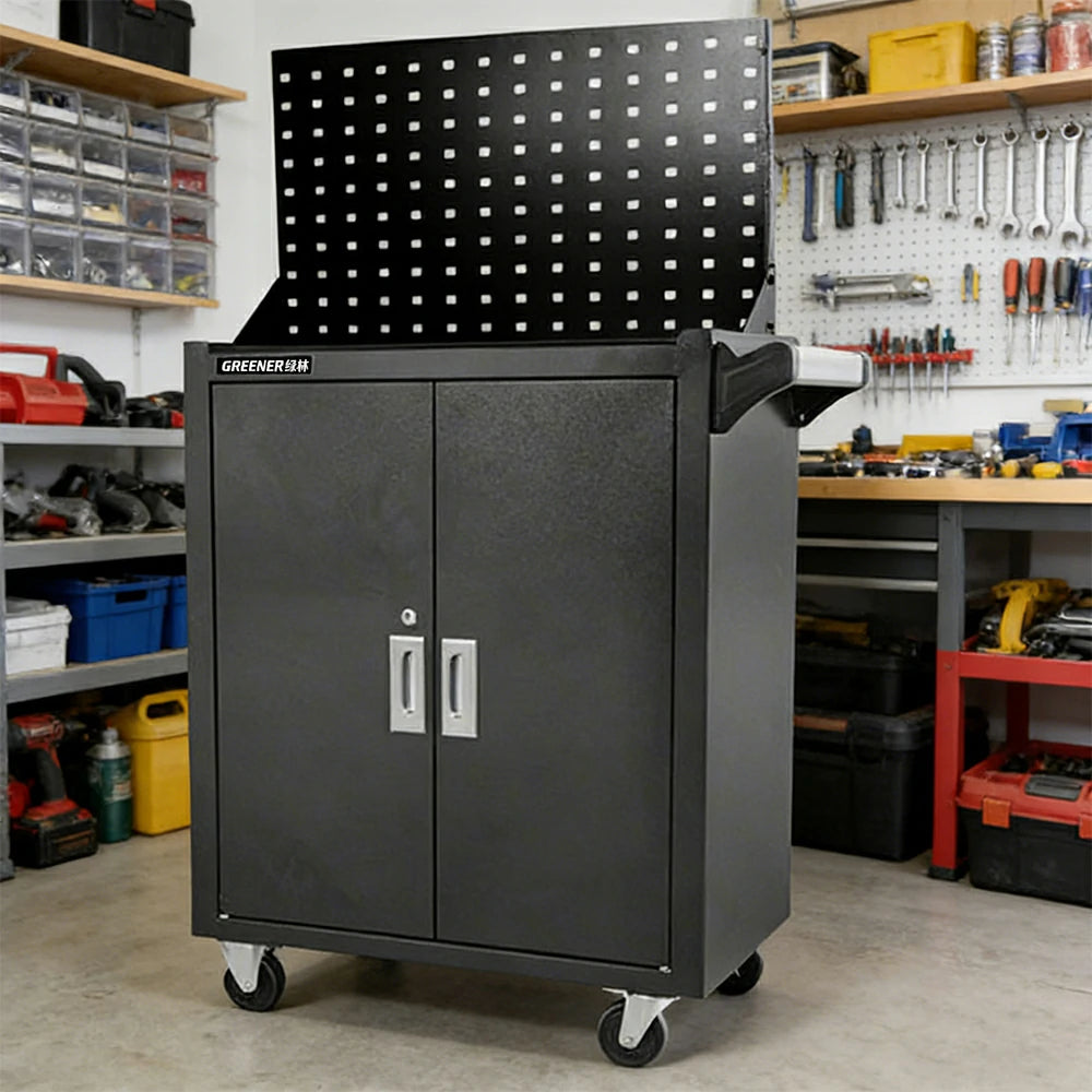 GROVIA Heavy Duty Tool Cabinet Pegboard Back Panel Lockable Mobile Storage 630x400x1310mm Workshop Garage Trolley - Black