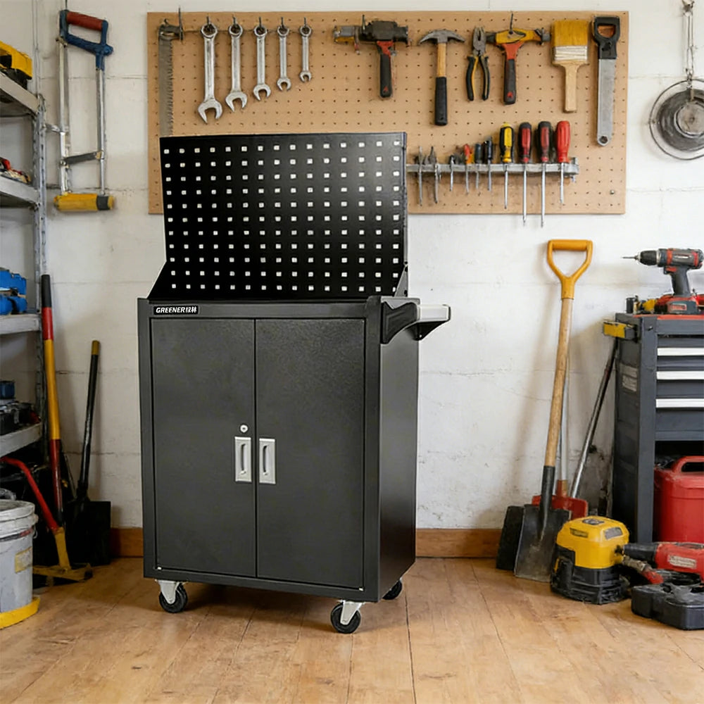 GROVIA Heavy Duty Tool Cabinet Pegboard Back Panel Lockable Mobile Storage 630x400x1310mm Workshop Garage Trolley - Black