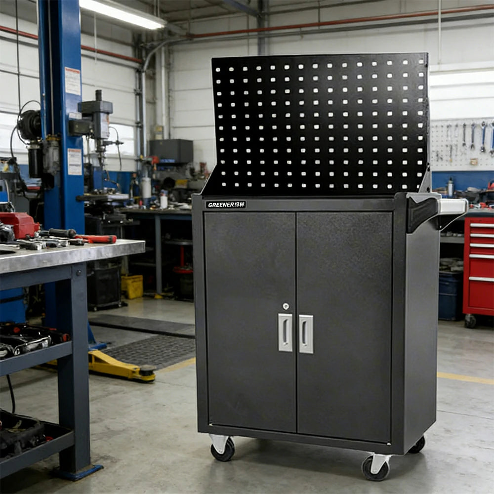 GROVIA Heavy Duty Tool Cabinet Pegboard Back Panel Lockable Mobile Storage 630x400x1310mm Workshop Garage Trolley - Black
