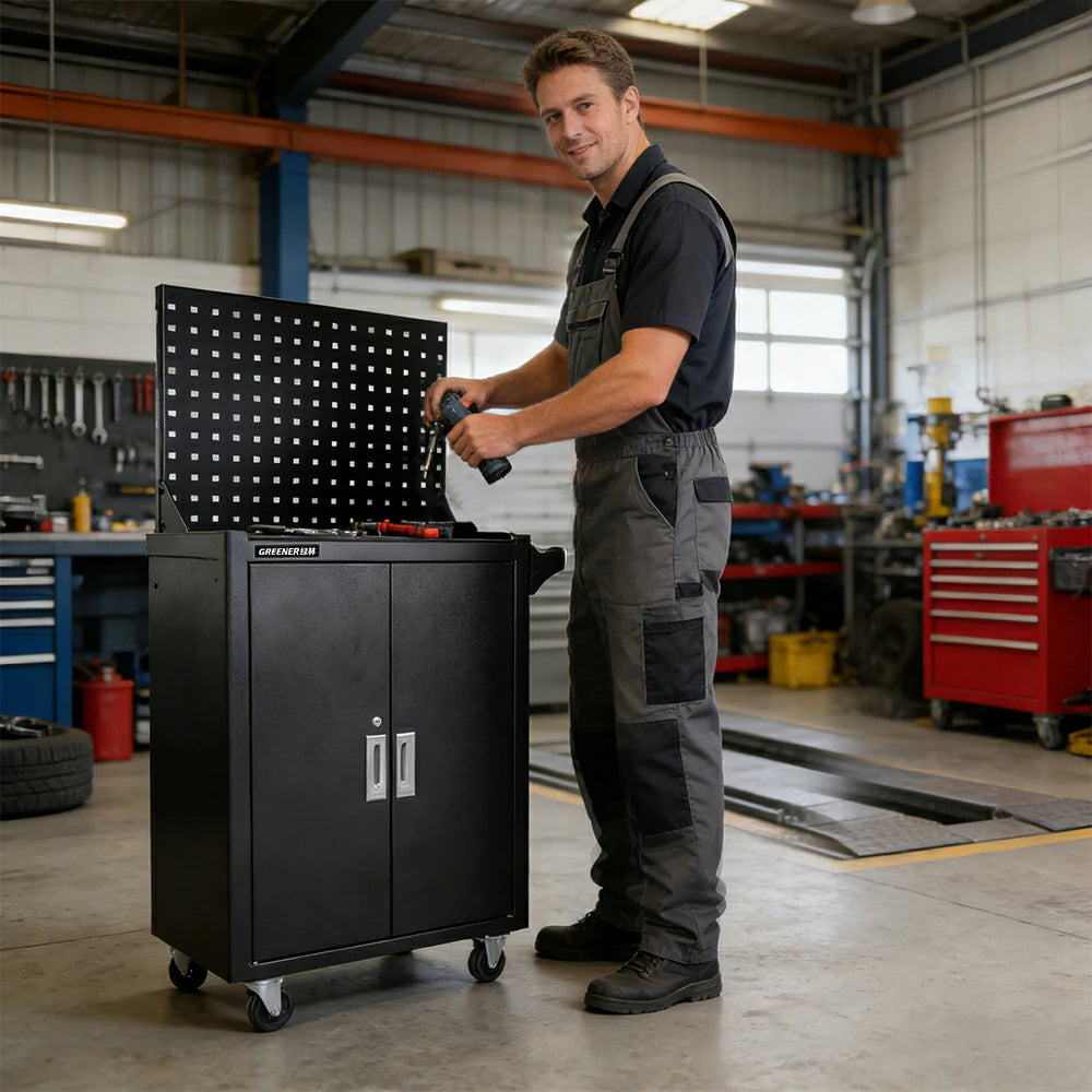 GROVIA Heavy Duty Tool Cabinet Pegboard Back Panel Lockable Mobile Storage 630x400x1310mm Workshop Garage Trolley - Black