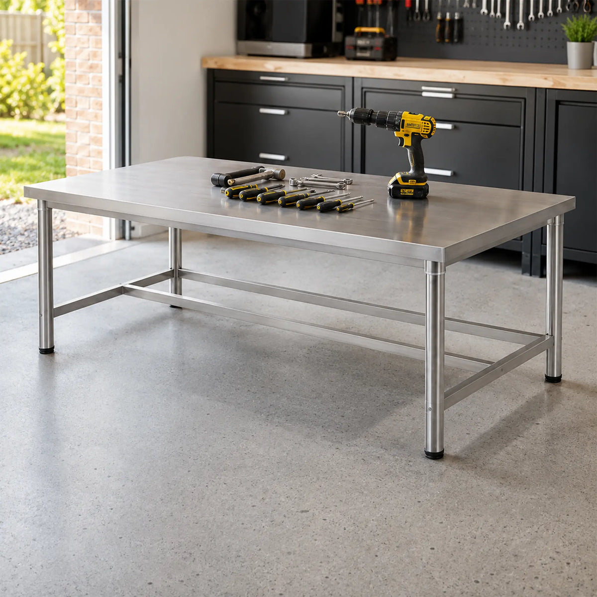 GROVIA Heavy Duty Stainless Steel Workbench - Single Layer 4 Leg Metal Frame Table with Durable 201 Steel Top for Workshop Garage Warehouse Packing Station 120x60/80cm - Silver
