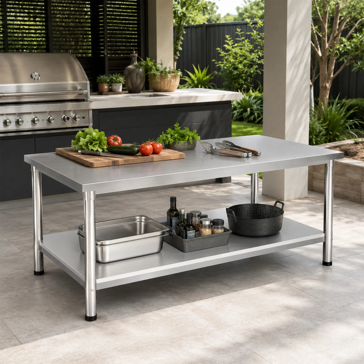 GROVIA Heavy Duty Stainless Steel Workbench - Double Layer 4 Leg Table with Storage Shelf and 201 Metal Top for Workshop Garage Warehouse Packing Station 120x60/80cm - Silver
