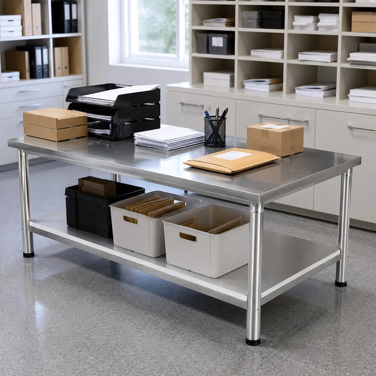 GROVIA Heavy Duty Stainless Steel Workbench - Double Layer 4 Leg Table with Storage Shelf and 201 Metal Top for Workshop Garage Warehouse Packing Station 120x60/80cm - Silver