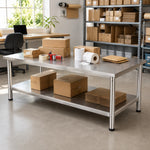 GROVIA Heavy Duty Stainless Steel Workbench - Double Layer 4 Leg Table with Storage Shelf and 201 Metal Top for Workshop Garage Warehouse Packing Station 120x60/80cm - Silver