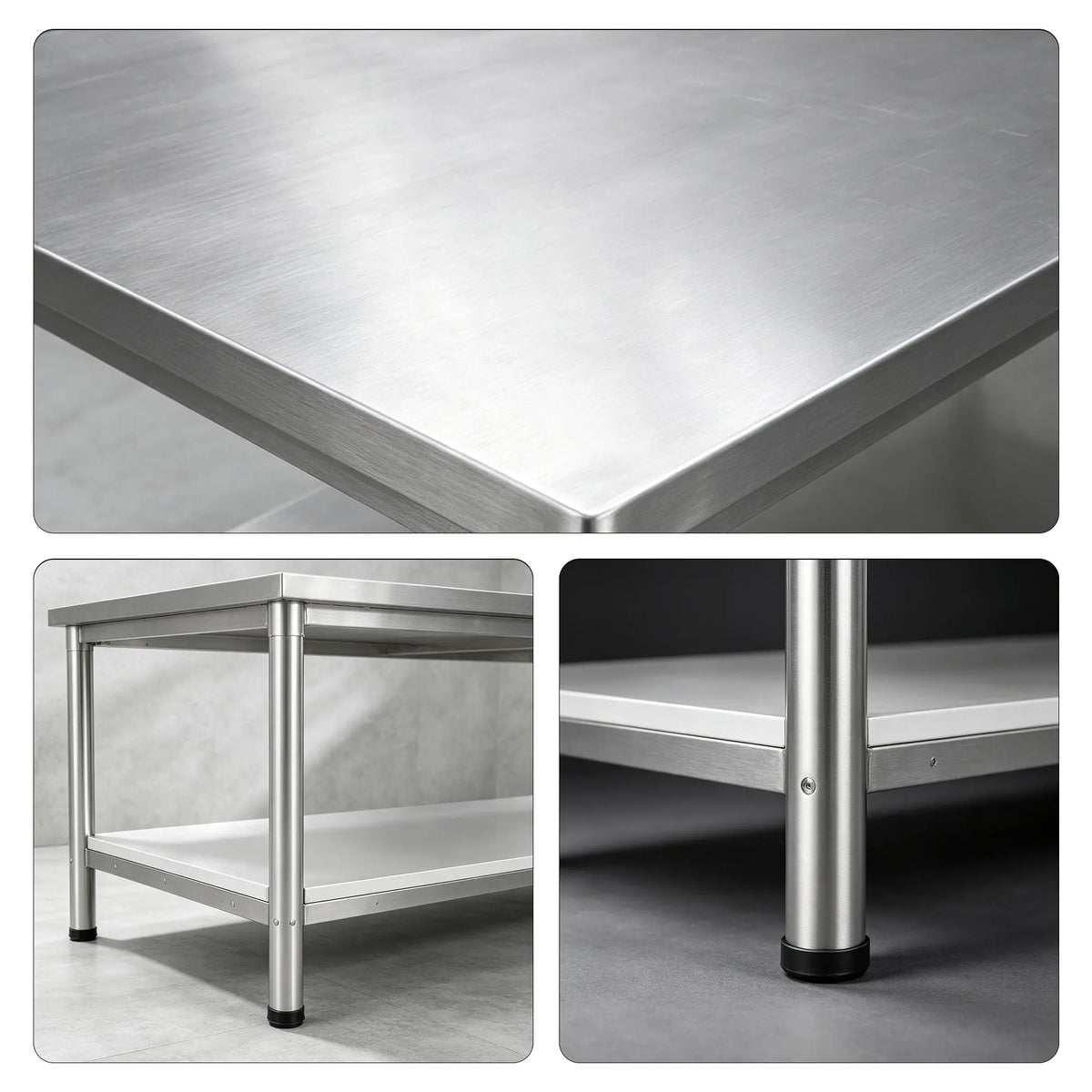 GROVIA Heavy Duty Stainless Steel Workbench - Double Layer 4 Leg Table with Storage Shelf and 201 Metal Top for Workshop Garage Warehouse Packing Station 120x60/80cm - Silver