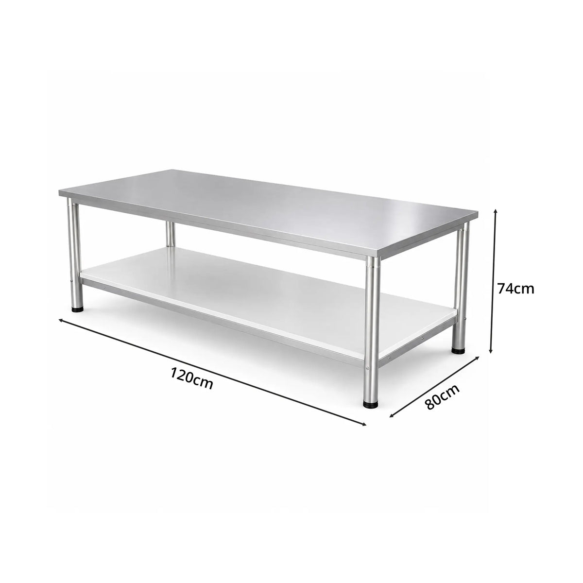 GROVIA Heavy Duty Stainless Steel Workbench - Double Layer 4 Leg Table with Storage Shelf and 201 Metal Top for Workshop Garage Warehouse Packing Station 120x60/80cm - Silver