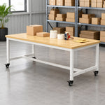 GROVIA Heavy Duty Mobile Workbench - Large Wooden Top Table with Steel Frame and Lockable Casters for Garage Workshop Warehouse Packing Station 240x100/120cm - Natural