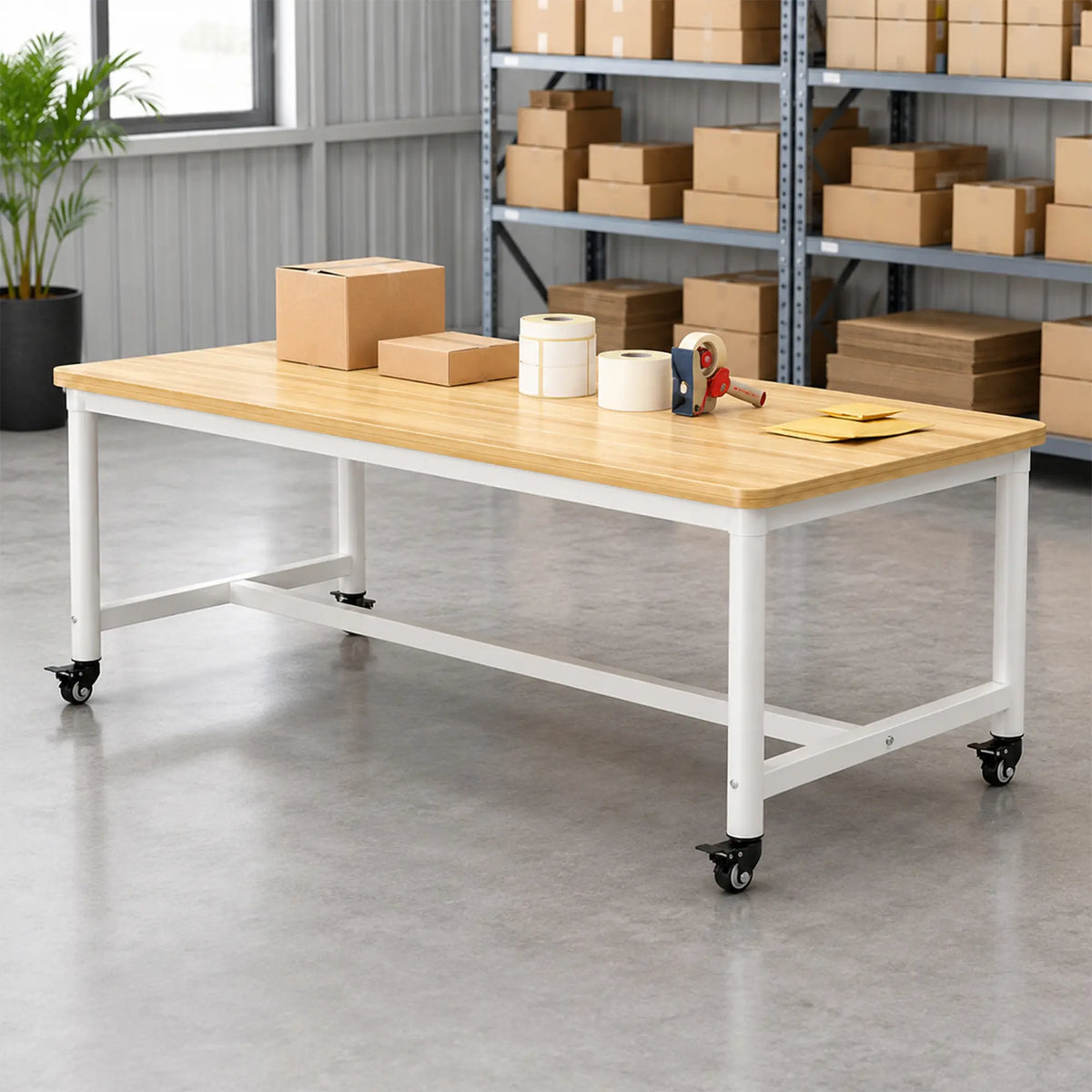 GROVIA Heavy Duty Mobile Workbench - Large Wooden Top Table with Steel Frame and Lockable Casters for Garage Workshop Warehouse Packing Station 240x100/120cm - Natural