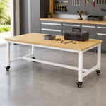 GROVIA Heavy Duty Mobile Workbench - Large Wooden Top Table with Steel Frame and Lockable Casters for Garage Workshop Warehouse Packing Station 240x100/120cm - Natural