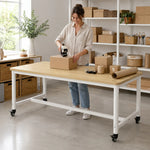 GROVIA Heavy Duty Mobile Workbench - Large Wooden Top Table with Steel Frame and Lockable Casters for Garage Workshop Warehouse Packing Station 240x100/120cm - Natural