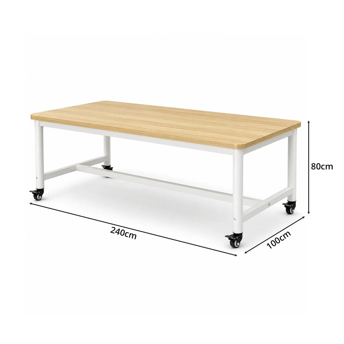 GROVIA Heavy Duty Mobile Workbench - Large Wooden Top Table with Steel Frame and Lockable Casters for Garage Workshop Warehouse Packing Station 240x100/120cm - Natural