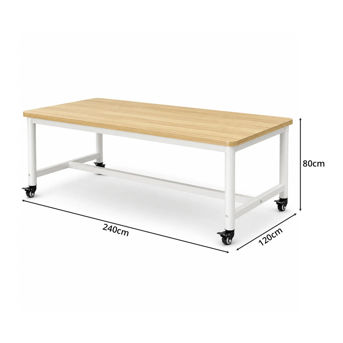 GROVIA Heavy Duty Mobile Workbench - Large Wooden Top Table with Steel Frame and Lockable Casters for Garage Workshop Warehouse Packing Station 240x100/120cm - Natural