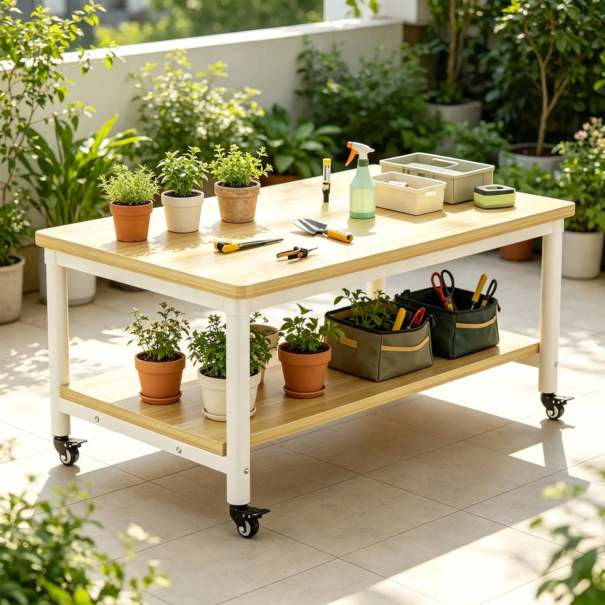 GROVIA Heavy Duty Mobile Workbench - Double Layer Wooden Top Table with Storage Shelf Steel Frame and Lockable Casters for Workshop Warehouse Packing Station 240x100/120cm - Natural
