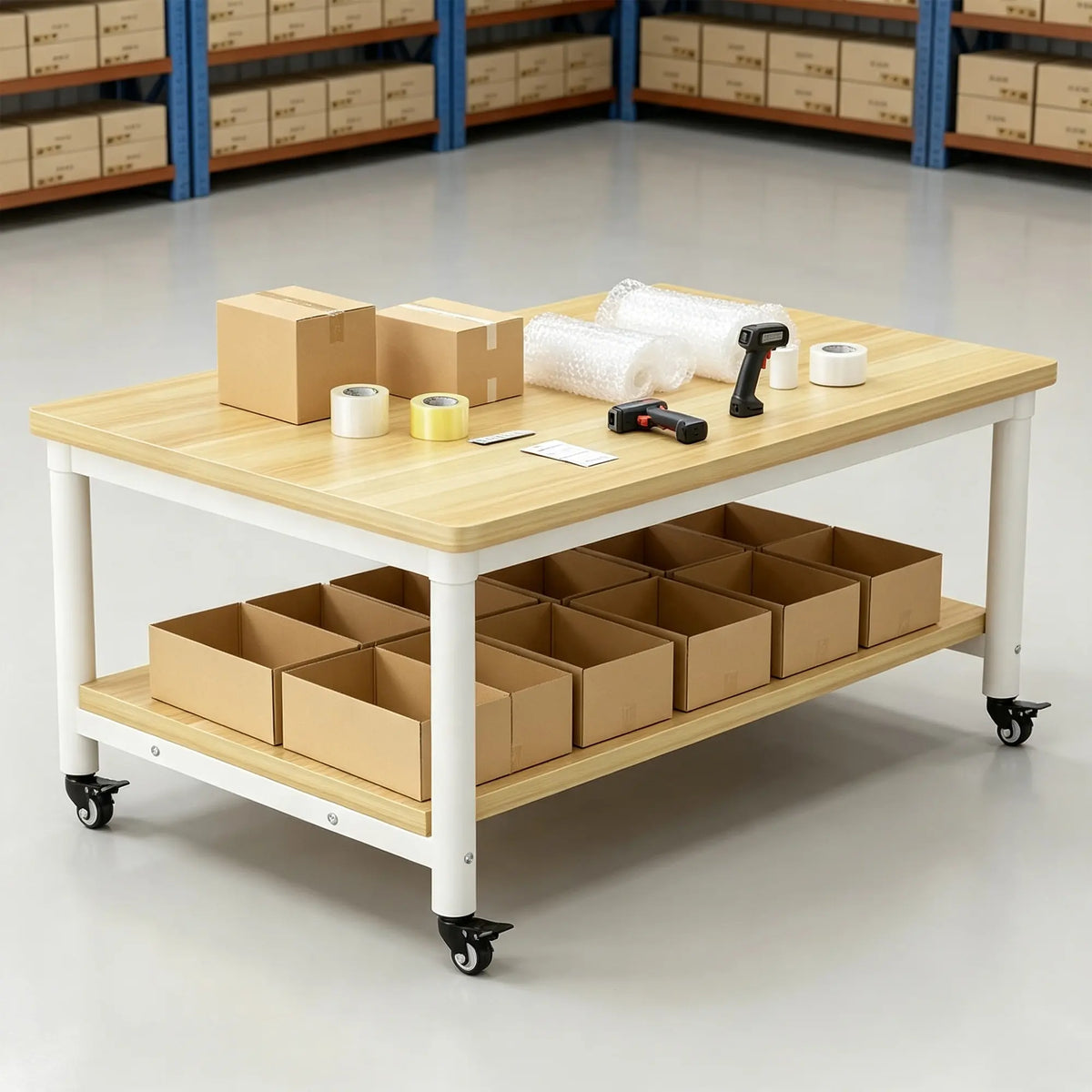 GROVIA Heavy Duty Mobile Workbench - Double Layer Wooden Top Table with Storage Shelf Steel Frame and Lockable Casters for Workshop Warehouse Packing Station 240x100/120cm - Natural