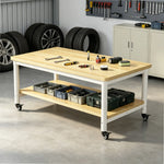 GROVIA Heavy Duty Mobile Workbench - Double Layer Wooden Top Table with Storage Shelf Steel Frame and Lockable Casters for Workshop Warehouse Packing Station 240x100/120cm - Natural