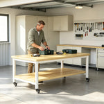 GROVIA Heavy Duty Mobile Workbench - Double Layer Wooden Top Table with Storage Shelf Steel Frame and Lockable Casters for Workshop Warehouse Packing Station 240x100/120cm - Natural