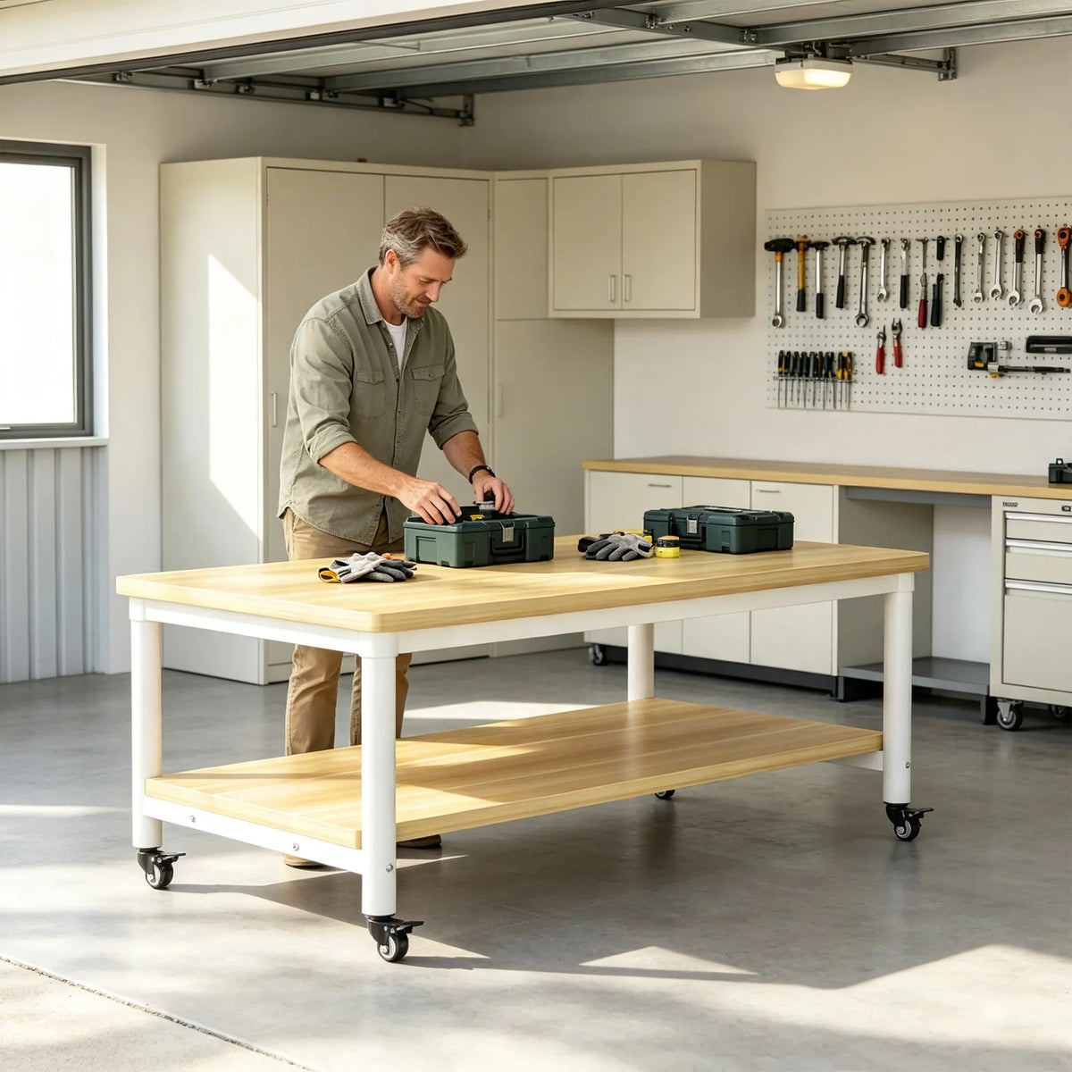 GROVIA Heavy Duty Mobile Workbench - Double Layer Wooden Top Table with Storage Shelf Steel Frame and Lockable Casters for Workshop Warehouse Packing Station 240x100/120cm - Natural