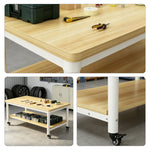 GROVIA Heavy Duty Mobile Workbench - Double Layer Wooden Top Table with Storage Shelf Steel Frame and Lockable Casters for Workshop Warehouse Packing Station 240x100/120cm - Natural