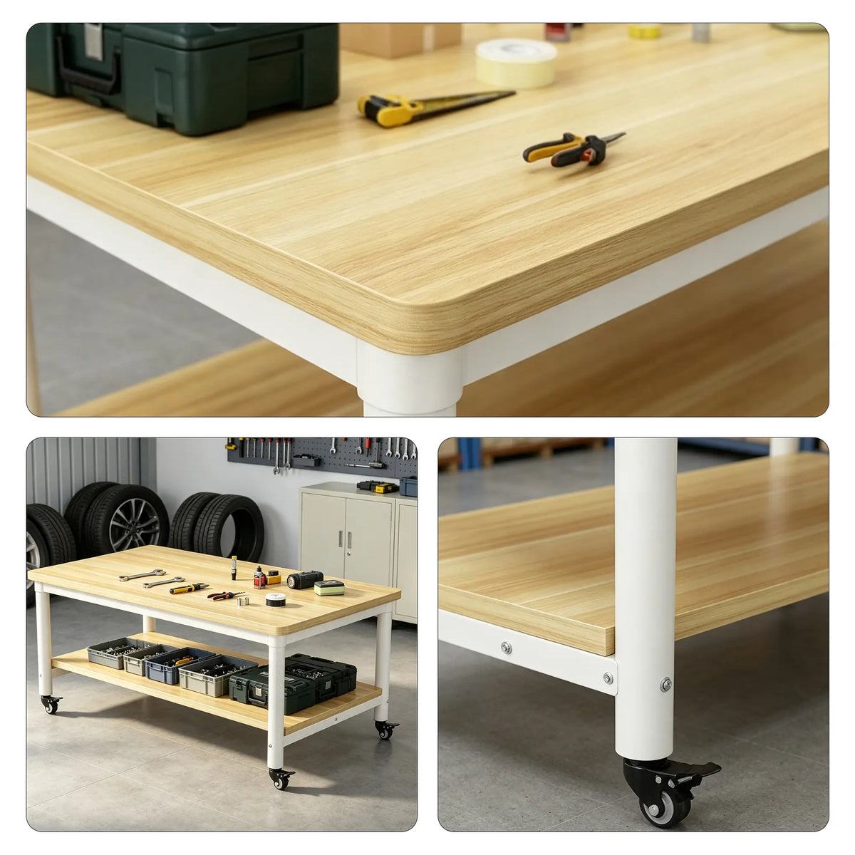 GROVIA Heavy Duty Mobile Workbench - Double Layer Wooden Top Table with Storage Shelf Steel Frame and Lockable Casters for Workshop Warehouse Packing Station 240x100/120cm - Natural
