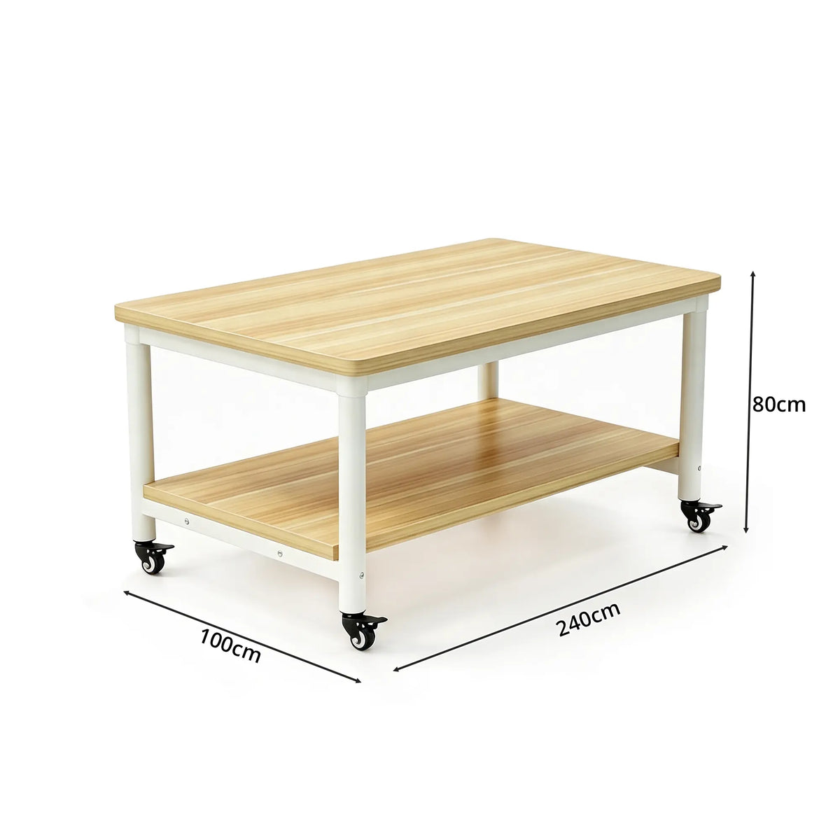 GROVIA Heavy Duty Mobile Workbench - Double Layer Wooden Top Table with Storage Shelf Steel Frame and Lockable Casters for Workshop Warehouse Packing Station 240x100/120cm - Natural