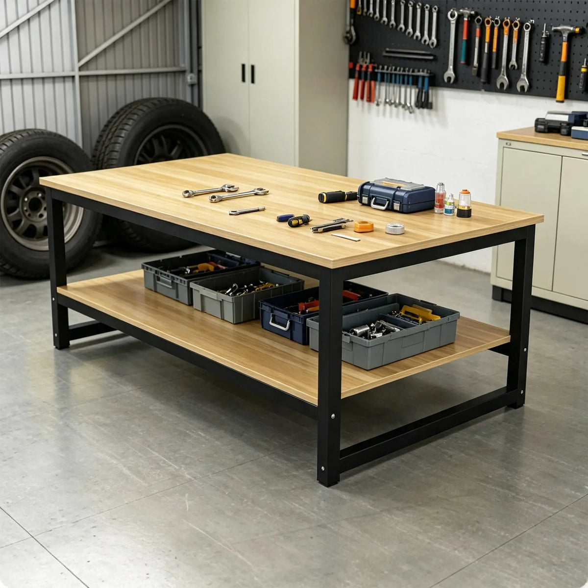 GROVIA Heavy Duty Workbench - Double Layer Wooden Top Table with Steel Frame Storage Shelf for Garage Workshop Warehouse Packing Station 120x60/80cm - Black