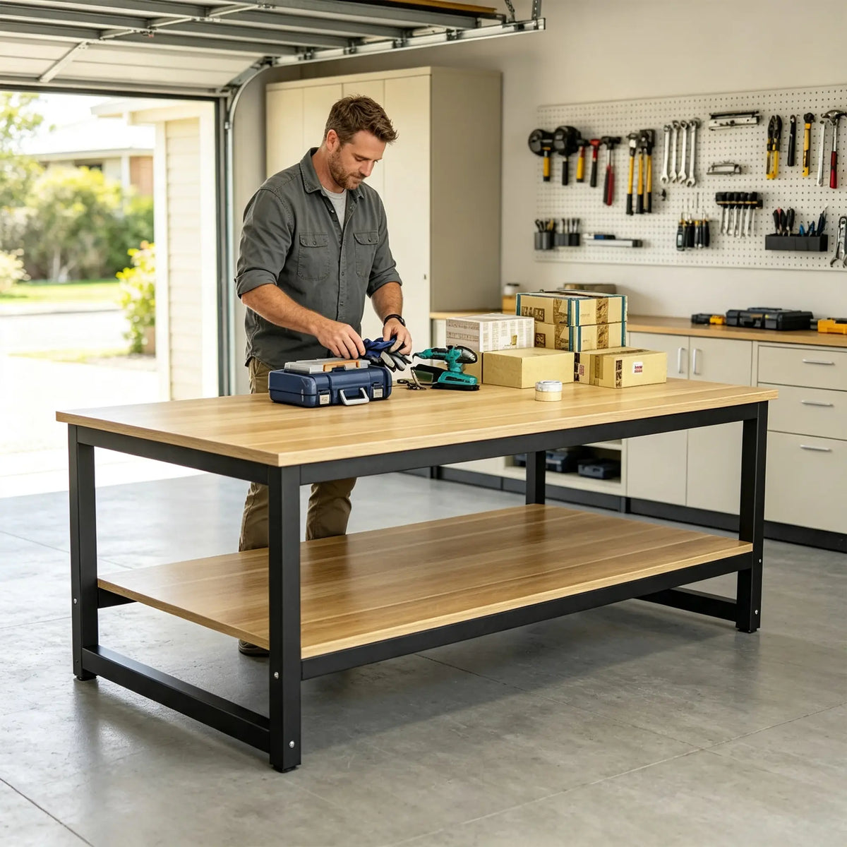 GROVIA Heavy Duty Workbench - Double Layer Wooden Top Table with Steel Frame Storage Shelf for Garage Workshop Warehouse Packing Station 120x60/80cm - Black