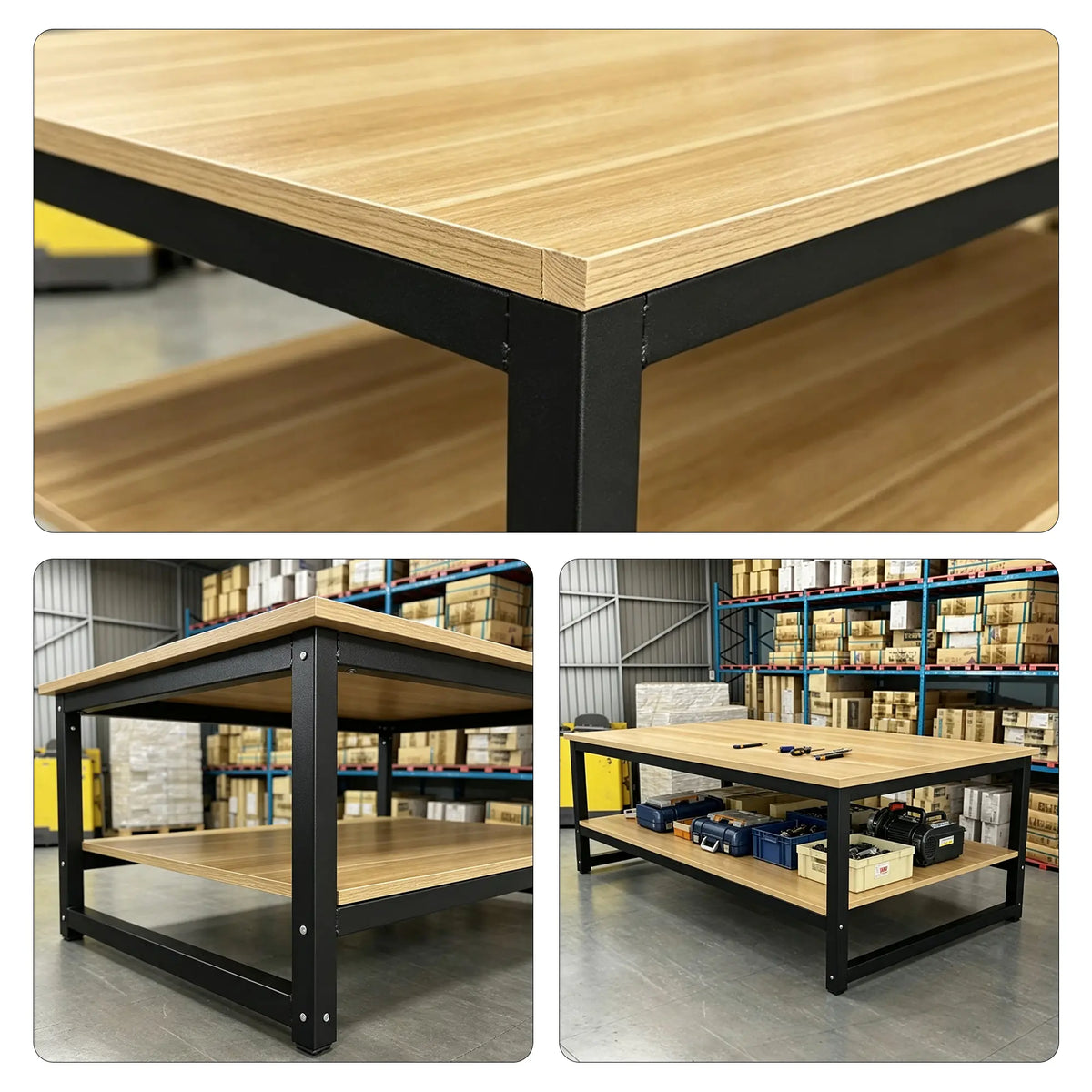 GROVIA Heavy Duty Workbench - Double Layer Wooden Top Table with Steel Frame Storage Shelf for Garage Workshop Warehouse Packing Station 120x60/80cm - Black