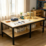 GROVIA Heavy Duty Workbench - Double Layer Wooden Top Table with 6 Leg Steel Frame Storage Shelf for Workshop Warehouse Packing Station 200x100/120cm - Black