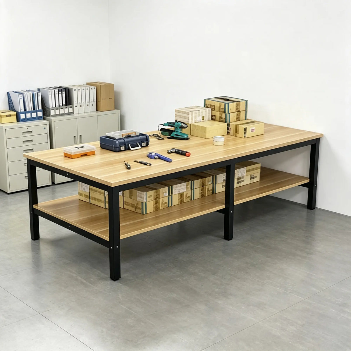 GROVIA Heavy Duty Workbench - Double Layer Wooden Top Table with 6 Leg Steel Frame Storage Shelf for Workshop Warehouse Packing Station 200x100/120cm - Black