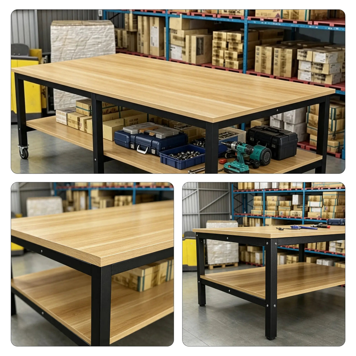 GROVIA Heavy Duty Workbench - Double Layer Wooden Top Table with 6 Leg Steel Frame Storage Shelf for Workshop Warehouse Packing Station 200x100/120cm - Black