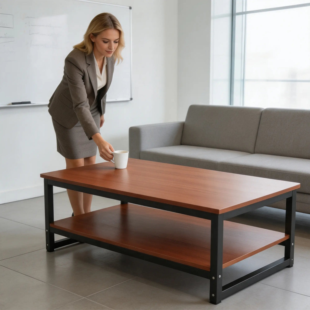 GROVIA Heavy Duty Workbench - Double Layer Wooden Top Table with 6 Leg Steel Frame Storage Shelf for Workshop Warehouse Packing Station 240x100/120cm - Brown