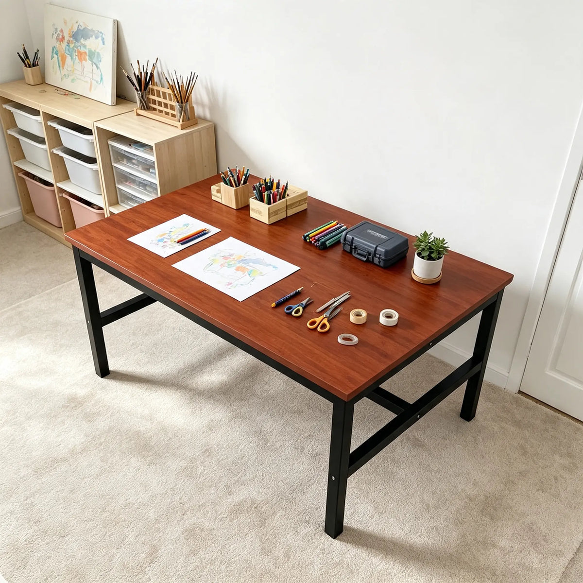 GROVIA Heavy Duty Workbench - Reinforced Steel Frame Wooden Top Table with Support Beams for Workshop Warehouse Packing Station 120x60/80cm - Brown