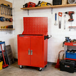GROVIA Heavy Duty Tool Cabinet Pegboard Back Panel Lockable Mobile Storage 630x400x1310mm Workshop Garage Trolley - Red